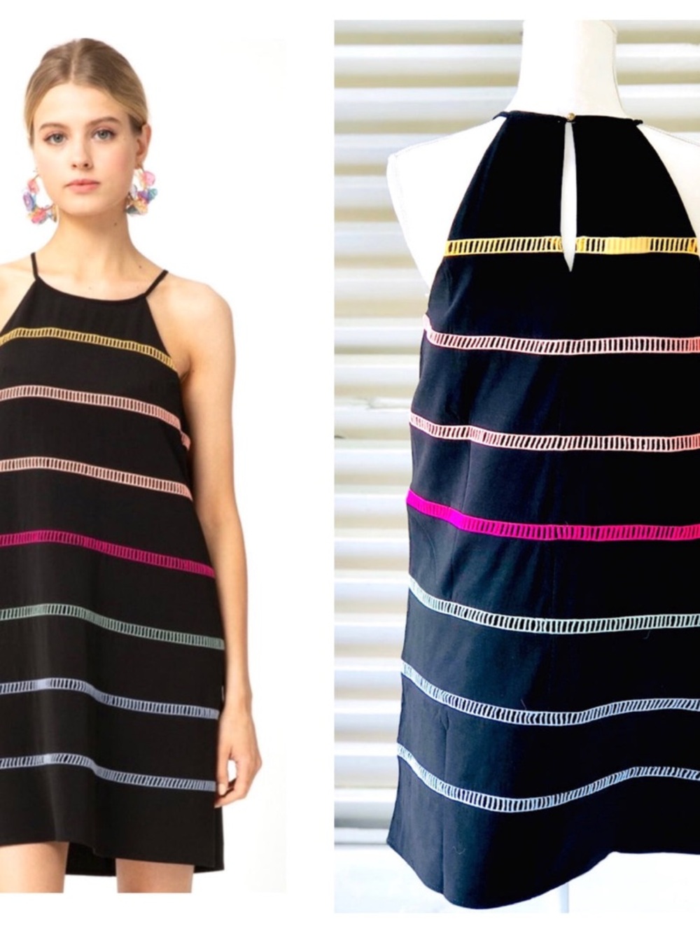 entro Black Halter Mini Dress with Multicolor Stripe Bands